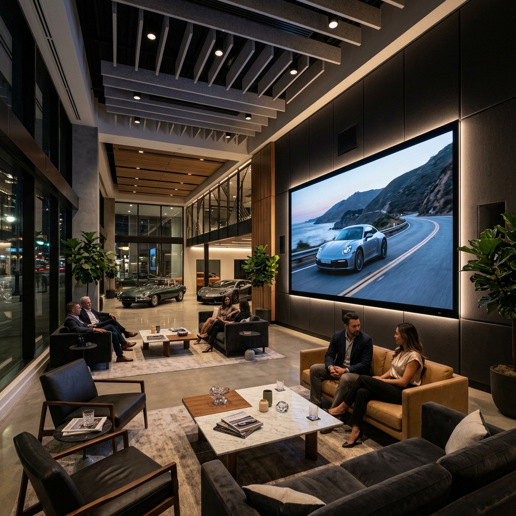 High-end corporate AV display and audio visual distribution in the premium automotive lounge and club