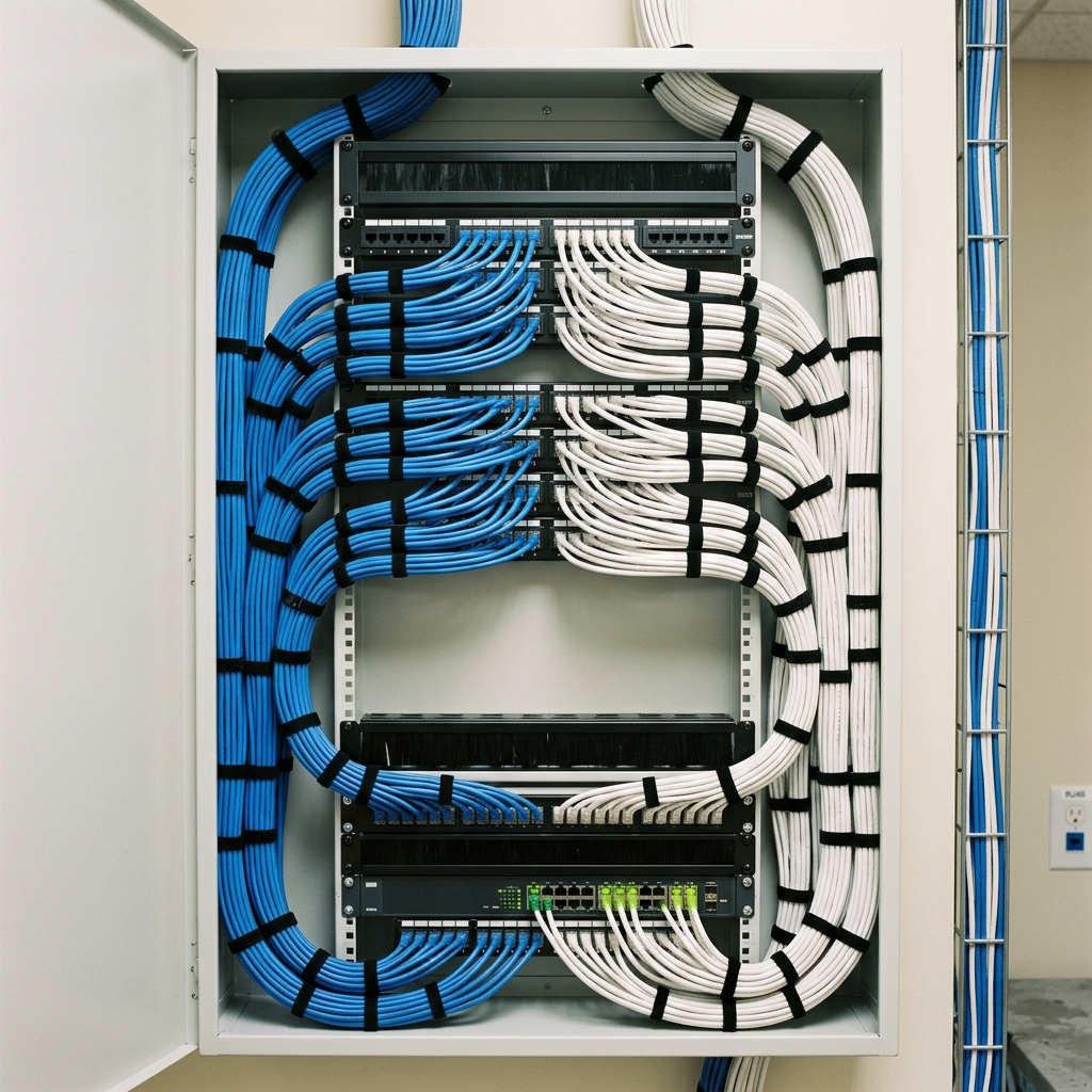 Neat and symmetrical low-voltage structured cabling inside a wall-mount data cabinet