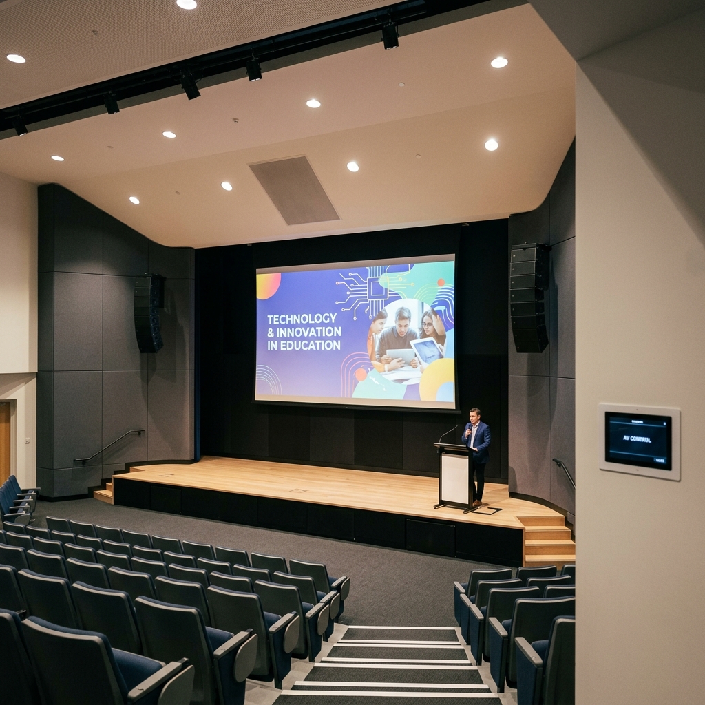 Professional AV and audio-visual configuration inside the school presentation hall
