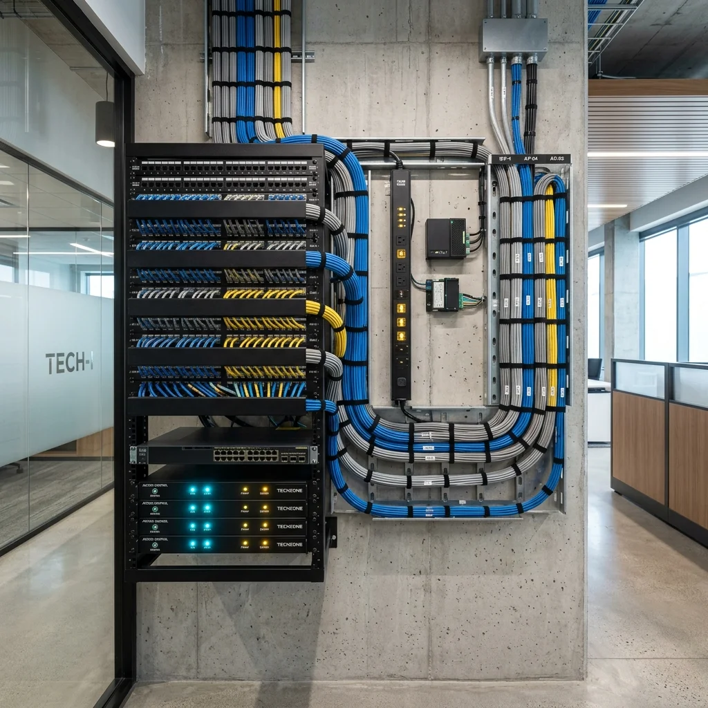 Neatly integrated low-voltage structured cabling and network hardware