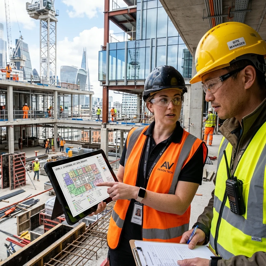 Design engineer planning technology layout schematics on iPad